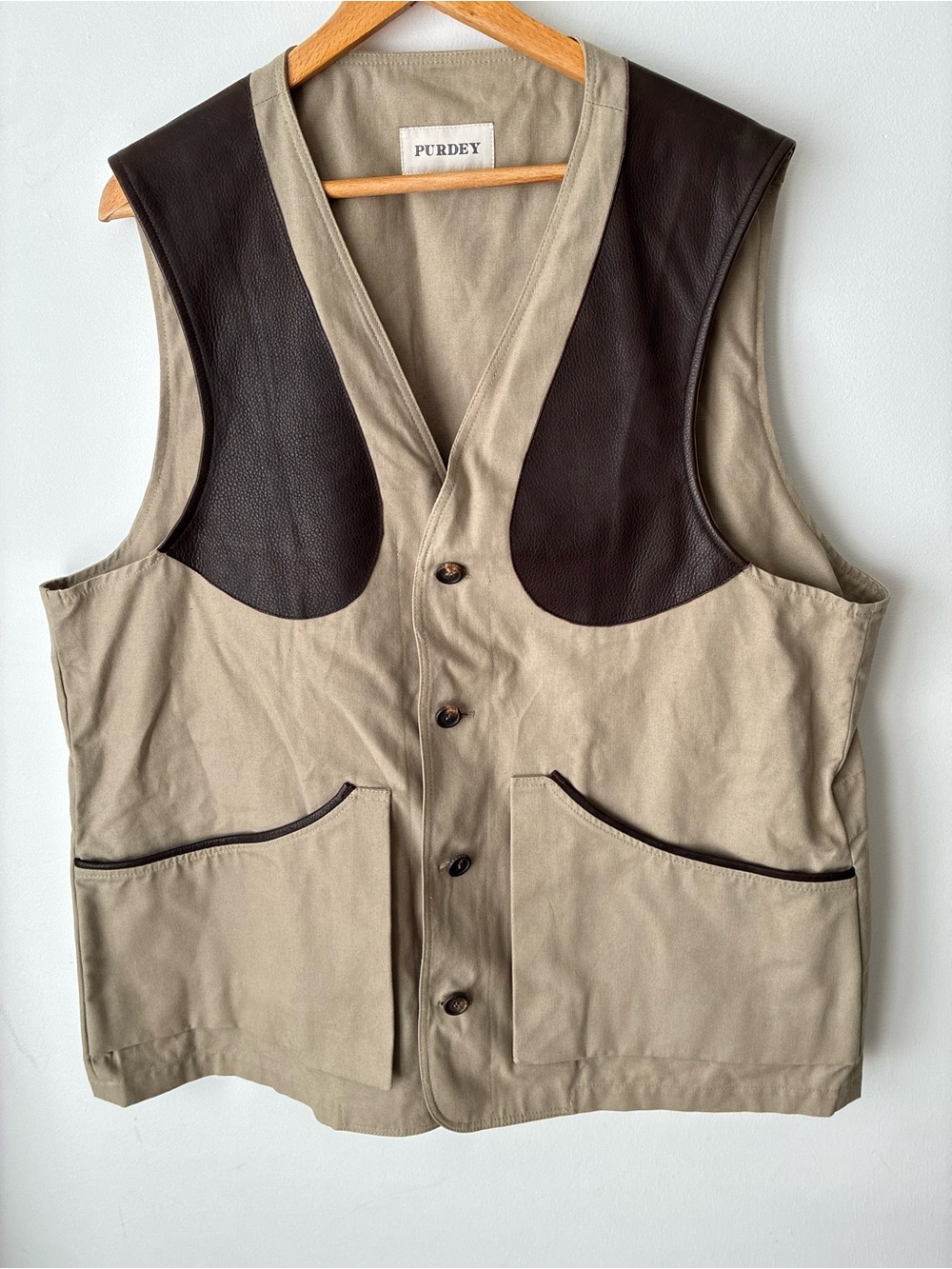 PURDEY Hunting Vest Men’s 48 Made in England 100% Cotton Leather Trim